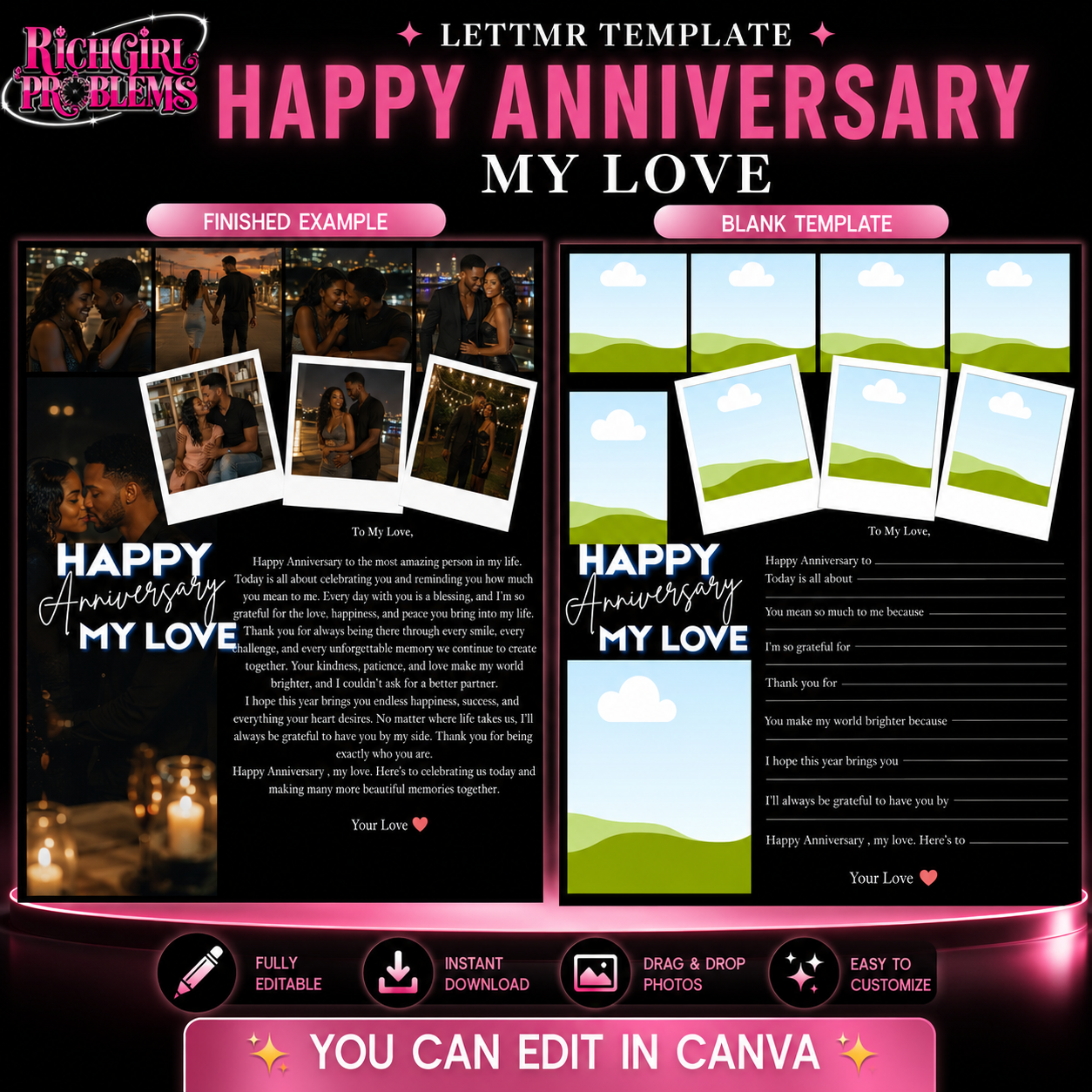 Editable Anniversary Love Letter Template | Printable Canva Gift for Him or Her