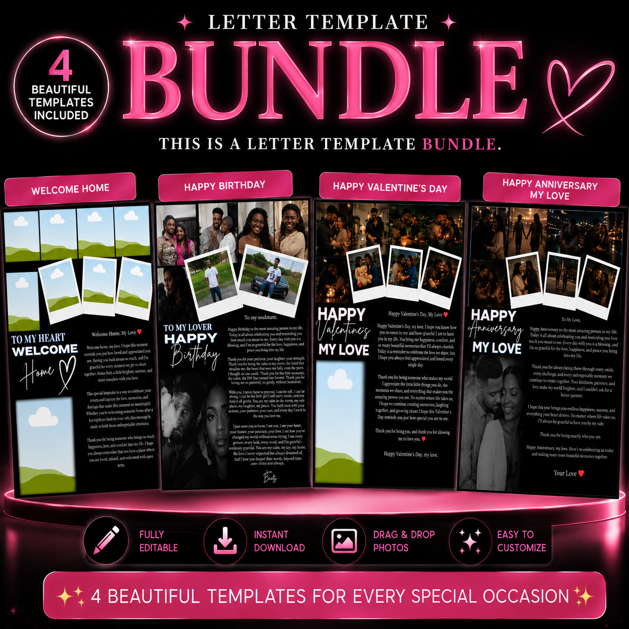 Love Letter Bundle | 5 Editable Canva Templates for Birthdays, Anniversaries, Valentine’s Day & More